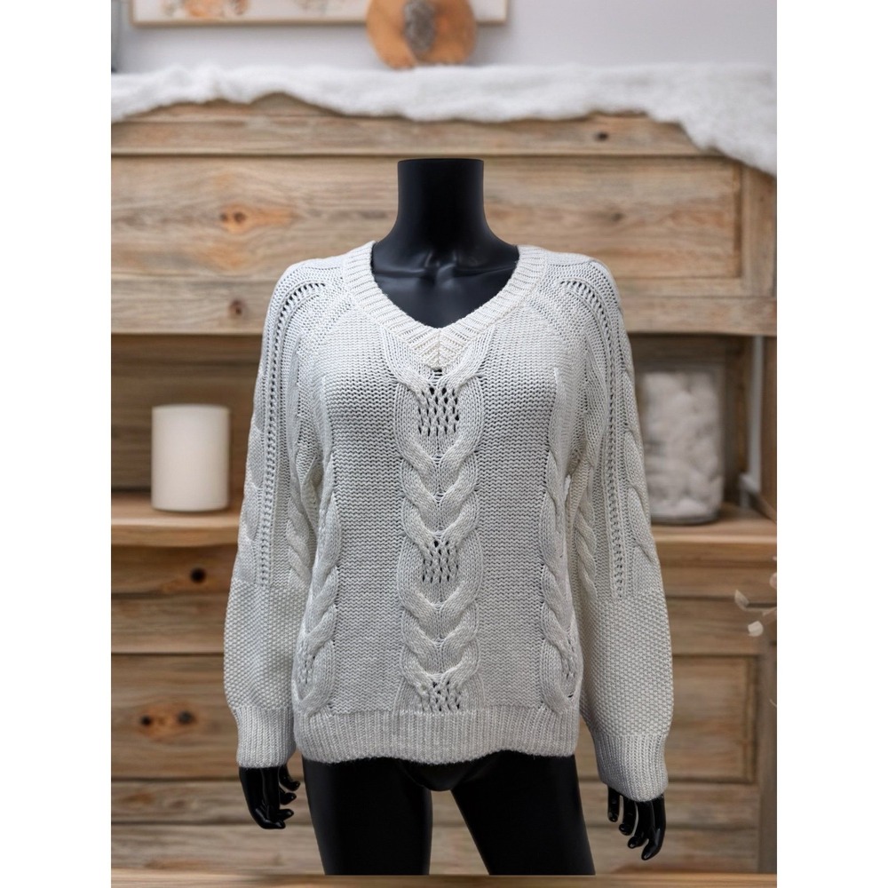 The Drop Women's Cable Knit‎ Sweater Cream White Size S Chunky V-Neck Pullover